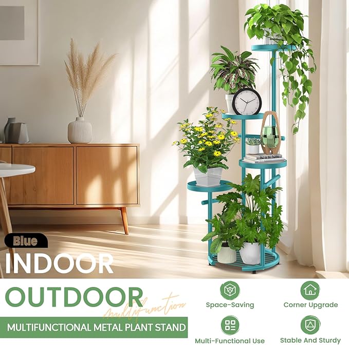 TOSKING 5-Tier Metal Plant Stand, Anti-Tip Round Base for Pots, Child & Pet Friendly, Space Saving Corner Shelf Flower Pot for Indoor Outdoor Use, Living Room Balcony Garden Patio Bedroom (Blue, 38in)