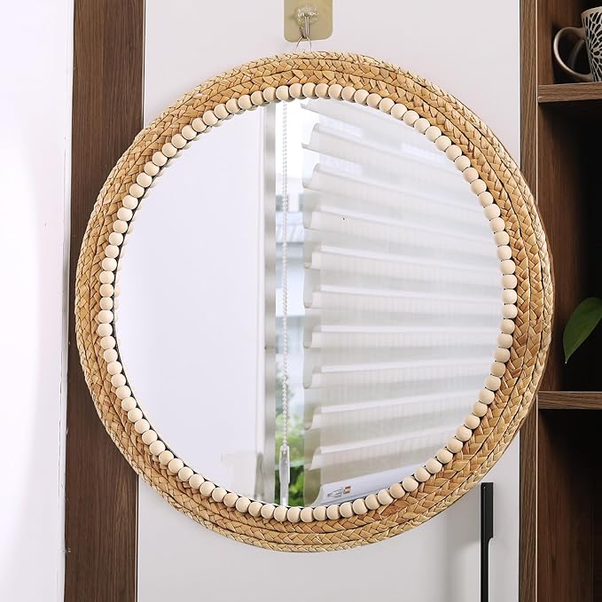 SWTHONY 21 Inch Boho Round Hanging Wall Mirror Decorative Rattan Circle Wall Mounted Mirror for Farmhouse, Living Room, Bedroom, Bathroom