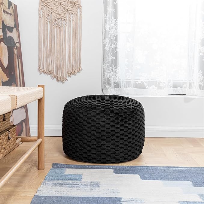 Round Pouf Ottoman Stuffed Plush Fiber Pouf Ottoman Footrest Foot Stool Bean Bag Ottoman Floor Pouf for Bedroom Living Room Accent Seat 20x12inches with Modern Foam Filler (Black)