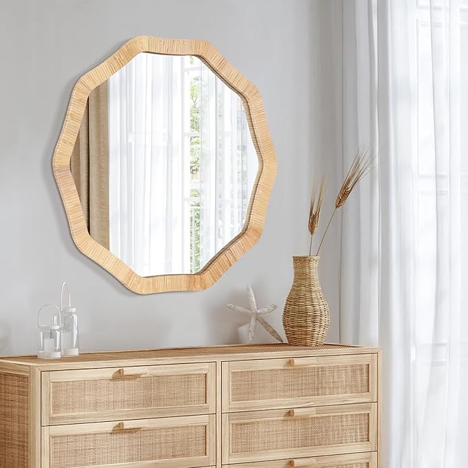 ULIKE Rattan Wicker Mirror for Bathroom, 30 Inch Boho Woven Decorative for Wall, Rustic Farmhouse Vanity Mirror, Large Geometric Rattan Mirrors for Living Room Entryway Bathroom Bedroom