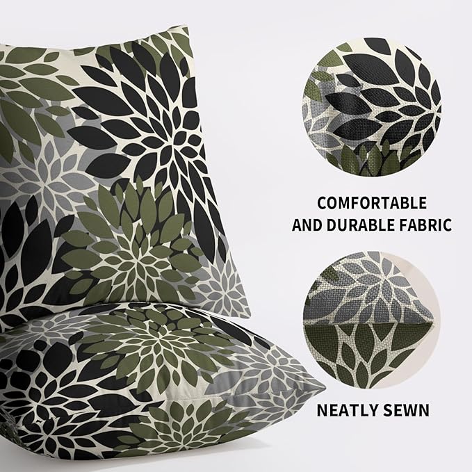 Black Olive Green Pillow Covers 22X22 Inch Set of 2, Spring Summer Floral Dahlia Flower Cream Decorative Throw Pillow Covers Outdoor Modern Farmhouse Cushion Case for Home Couch Sofa Bed Decor