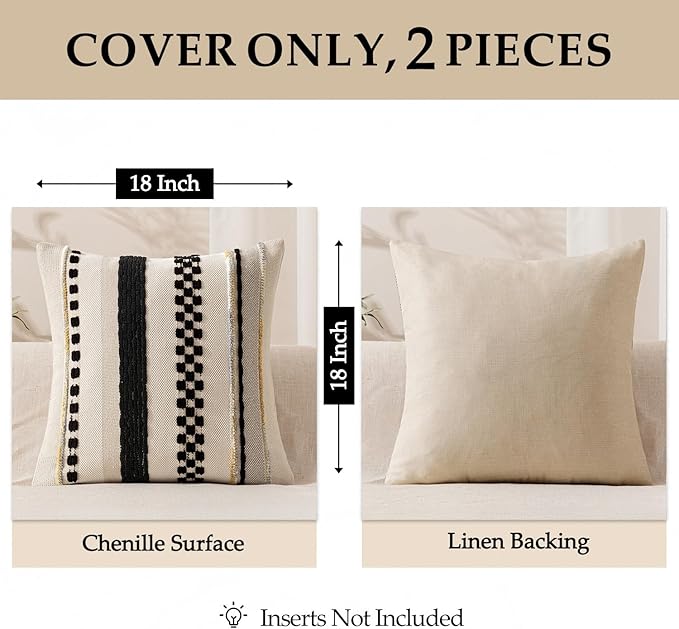 ANRODUO Pack of 2 Boho Decorative Throw Pillow Covers 18x18 Farmhouse Cushion Case Striped Chenille Pillow Cases Square Pillow Covers Accent Neutral Pillowcase for Sofa Couch Bed, Black Stripe