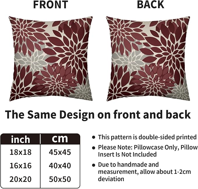 Burgundy Grey Gray Pillow Covers 24X24 Inch Set of 2, Dahlia Flower Spring Summer Floral Cream Decorative Throw Pillow Covers Outdoor Modern Farmhouse Cushion Case for Home Couch Sofa Bed Decor