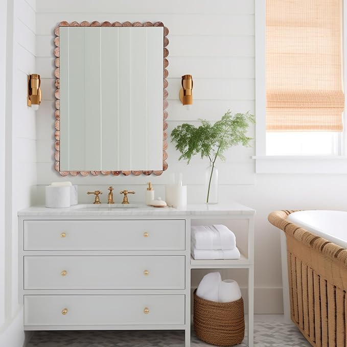 Wavy Mirror Solid Wood,22x30 Boho Bathroom Wooden Natural Farmhouse Scalloped Irregular Country Mirror for Living Room,Bedroom,Entryway