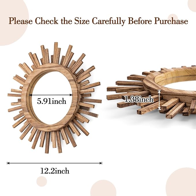 12 Inch Boho Sunburst Mirror, Round Wooden Wall Decor Starburst Sun Mirror for Bedroom, Living Room, Bathroom, Hallway, Balcony, Farmhouse Entryway, Housewarming Gift