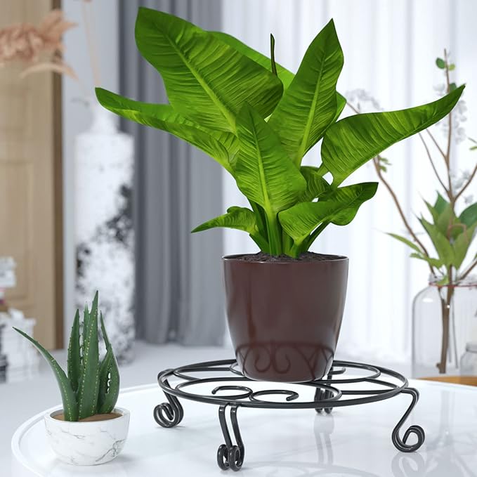 Yimobra Original Patented Plant Stand for Flower Pot Heavy Duty Potted Holder Indoor Outdoor Metal Rustproof Iron Garden Container Round Supports Rack for Planter, Black, 9.4 X 2Inches