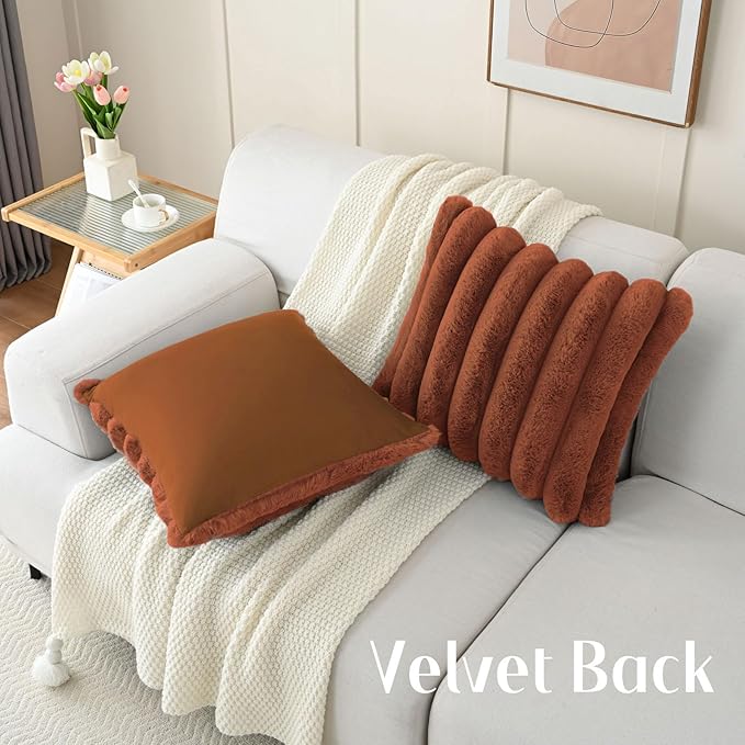 FUTEI Rust Decorative Throw Pillow Covers 24x24 Inch Set of 2, Square Soft Faux Rabbit Fur Big Striped Cushion Cover,Home Decor for Couch Sofa Bed Living Room