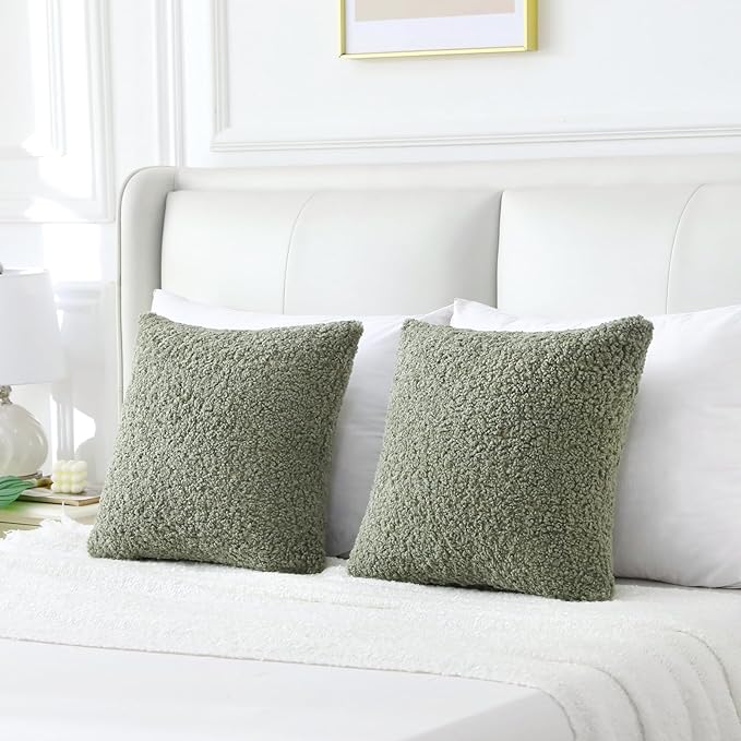 FUTEI Sage Green Throw Pillow Covers 24x24 Inch Set of 2,Furry Faux Fur Teddy Boucle Textured Cushion Covers,Soft Fluffy European Pillow Shams,Home Decor for Couch Bed Living Room Office Car
