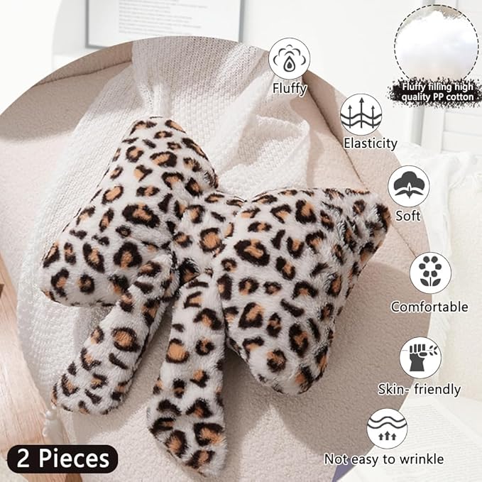 Leopard Print Throw Pillow Furry Bow Plush Pillows Cute Flower Plush Pillow Cheetah Home Decor Stuffed Bow Lumbar Pillow for Bed Couch Living Room Decor (White-B, 16in)