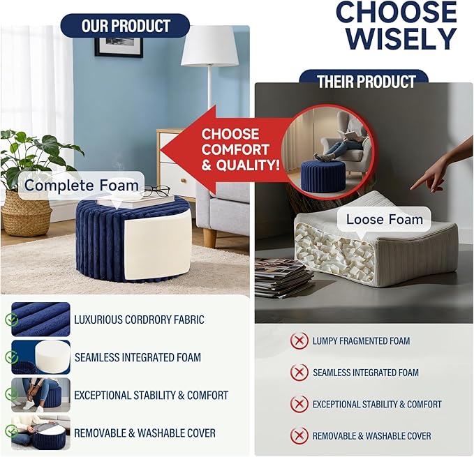 Tiita Round Stuffed Pouf Ottoman, Stripe Faux Fur Poufs with Foam Chunk Filling, Furry and Fluffy Pouf 21×21×12 inch Foot Stool Storage Ottoman,Puff Office Foot Rest for Couch Living Room, Navy Blue