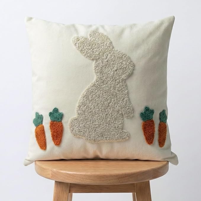 Fluffy Tufted Easter Pillow Cover with Soft Embroidered Bunny, Textured Boho Cotton Canvas Throw Pillow Case for Spring Farmhouse Sofa Couch Decoration, 18x18 inches, 1PCS (Cover Only)