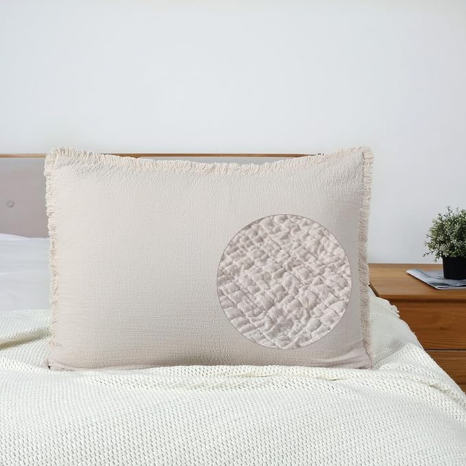 YINFUNG Quilted Pillow Shams Natural Beige Linen Standard Set of 2 Muslin Cotton Farmhouse Neutral Oatmeal Tassel Fringe Pillowcases Matelasse Boho Decorative Textured Gauze Soft 20×26 Light Brown
