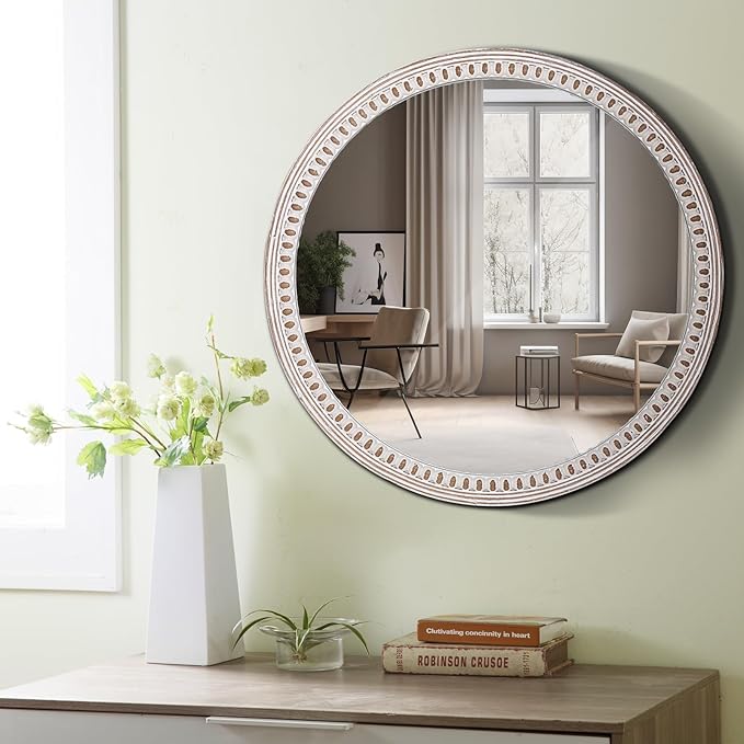 24 Inch Farmhouse Round Wood Mirror for Wall Decor, Rustic Decorative Circle Mirrors for Bathroom Over Sink, Living Room, Entryway, Bedroom