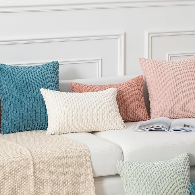 Kevin Textile 12x20 Inch Pillow Cover 1 Pack Boho Decorative Soft Striped Corduroy Lumbar Farmhouse Solid Color Accent Rectangle Cushion Case for Living Room Couch Sofa Bed, Cream White