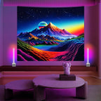 Apdidl Extra Large Blacklight Posters Space Mountain Tapestry for Bedroom, UV Reactive Sun Nature Tapestries Wall Hanging, Colorful Starry Sunrise Tapestry Aesthetic for Living Room Dorm (71" X 90")