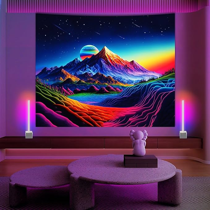 Apdidl Extra Large Blacklight Posters Space Mountain Tapestry for Bedroom, UV Reactive Sun Nature Tapestries Wall Hanging, Colorful Starry Sunrise Tapestry Aesthetic for Living Room Dorm (71" X 90")