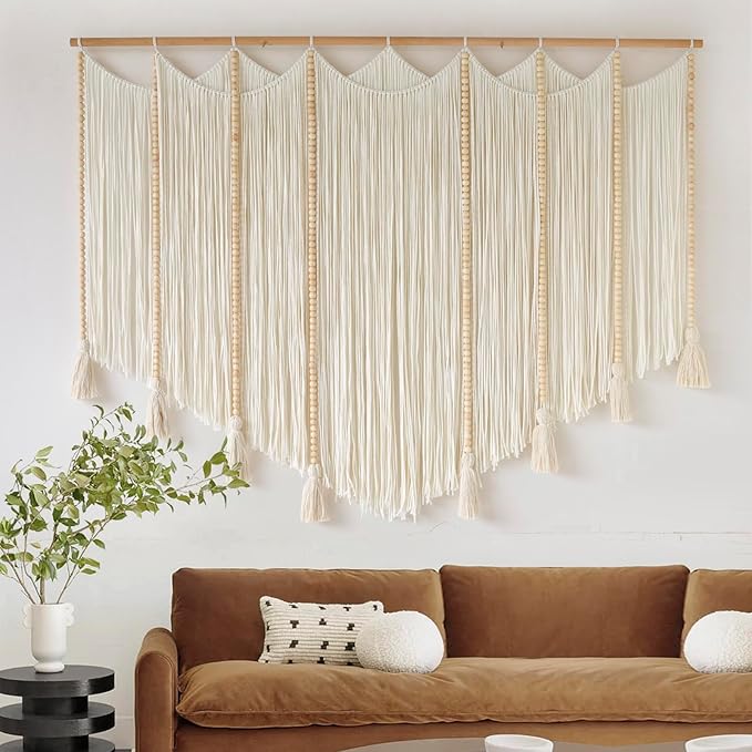 Jakalin Macrame Wall Hanging White Beads Boho Wall Decor for Living Room Bedroom or Nursery Texture Yarn Wall Art 57" W × 43" L