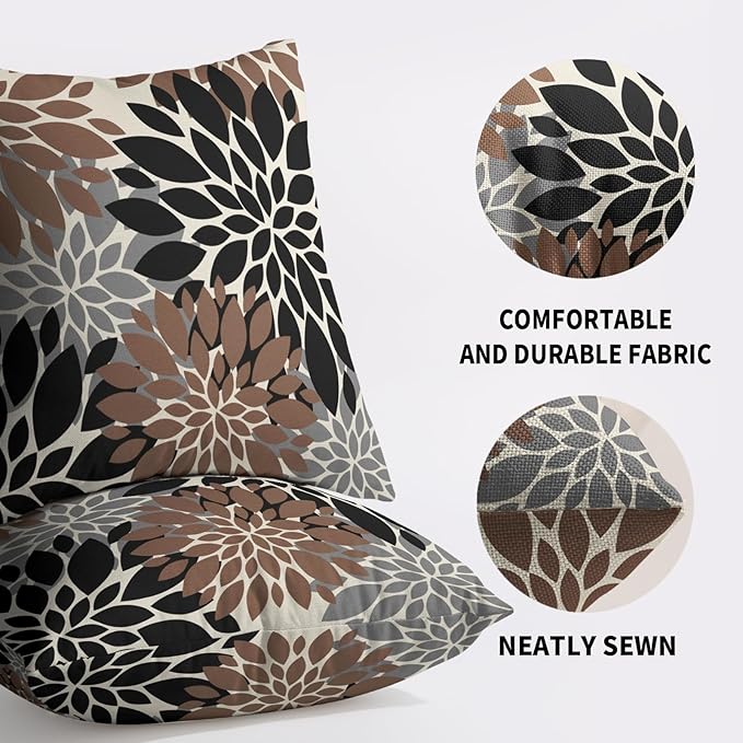 Black Brown Pillow Covers 18X18 Inch Set of 2, Spring Summer Floral Dahlia Flower Cream Decorative Throw Pillow Covers Outdoor Modern Farmhouse Cushion Case for Home Couch Sofa Bed Decor