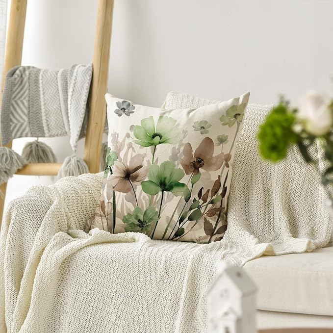 AVOIN colorlife Poppy Flowers Chinoiserie Spring Throw Pillow Cover, 18 x 18 Inch Sage Green Brown Seasonal Leaves Cushion Case Decoration for Sofa Couch Farmhouse