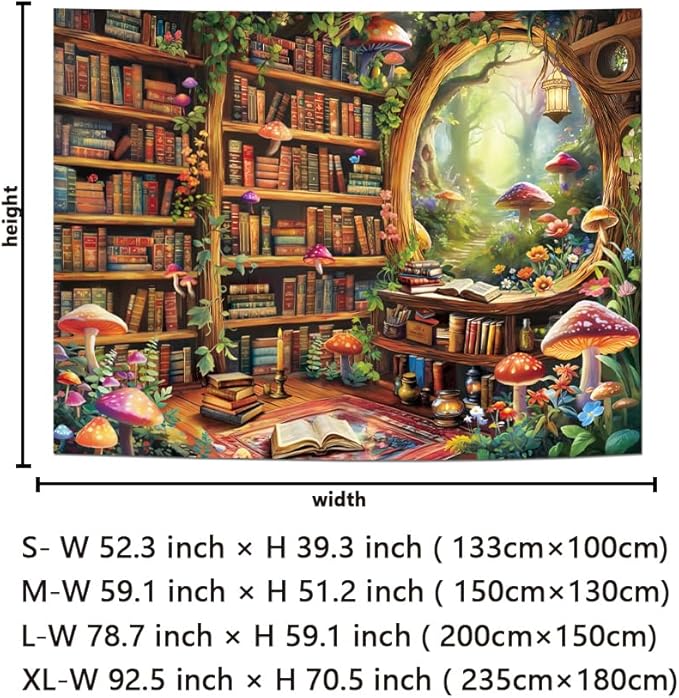 Lahasbja Blacklight Bookshelf Tapestry UV Reactive Magical Library Wall Hanging Fantasy Fairy Mushroom Forest Wall Tapestries Aesthetic Plants Bookcase Background for Bedroom