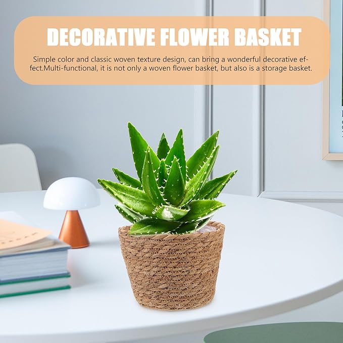 Veemoon 2pcs Wicker Planter Basket, Rustic Straw Woven Flower Basket Arrangement Flower for Plants Laundry Bin Storage Woven Plant Pot Hanging Seaweed Girl Toddler Hanging Seaweed 7. 07x7. 07x5. 89in