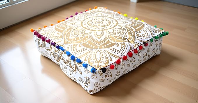 CRAFT KALA 18" Square Large Hippie Mandala Meditation Floor Ottoman Pillow Cushion Pouf Cover Square Poufs Bohemian Circle Floor Cushion Case Outdoor Fireplace Living Decor Cover White Gold Flower