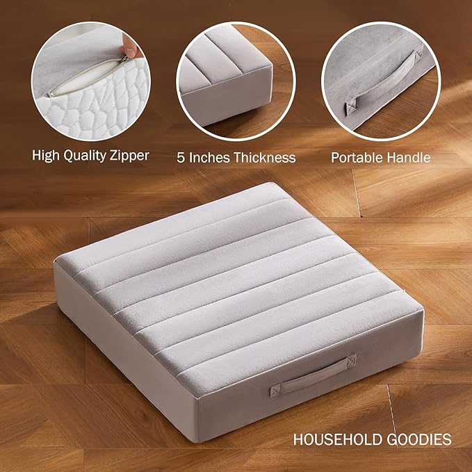 22 inch Floor Pillow for Adults and Kids - Meditation Cushions and Yoga Cushion for Floor Sitting - Ideal for Living Room and Outdoor Use - Machine Washable (1, Light Gray)
