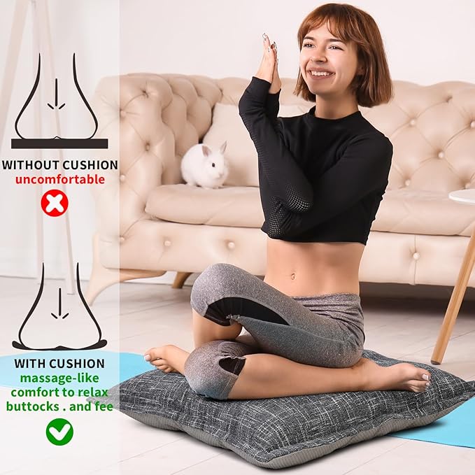 SINSOSSO Large Floor Pillows 22", Thickened Bite-Size Memory Foam Square Non-Slip Cushions for Office Back Support/Yoga/Chair Seat, Fashionable Color-Blocked Fabric & Washable, Light Gray, 2 PCS