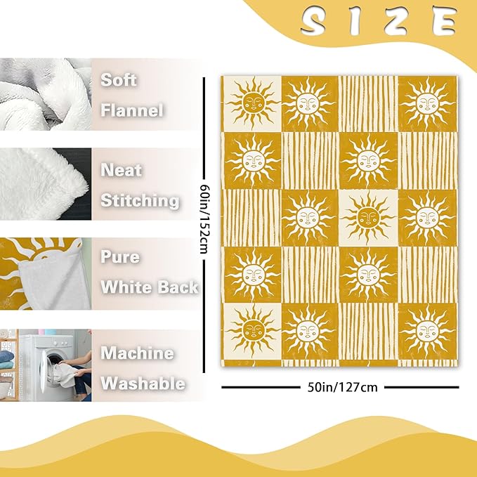 Boho Sun Face Flannel Throw Blanket, Bohemia Sunshine Yellow Birthday Gifts for Kids Men Women, Sunny Plaid Check Stripes Soft Blankets for Bedding Sofa 50" x 60"