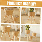 Wooden Woven Plant Stand with Legs Minimalist Rattan Planter Pot Holder for Indoor Succulent Display Durable Flower Basket for Living Room and Balcony