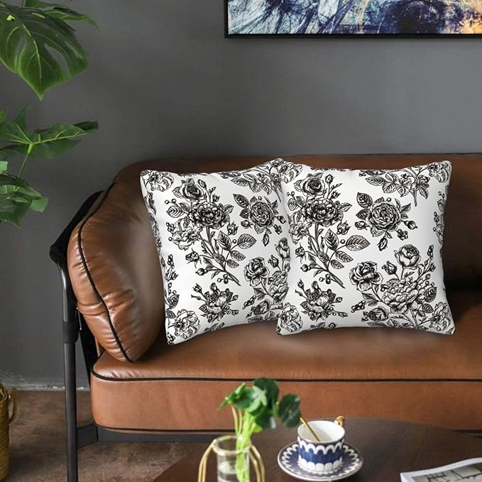 Black Floral Throw Pillow Covers 18x18 Inch Vintage Flower Black White Decorative Pillow Covers Set of 2 Farmhouse Pillowcases Square Cushion Covers for Couch Bed Sofa Chair Car Decor