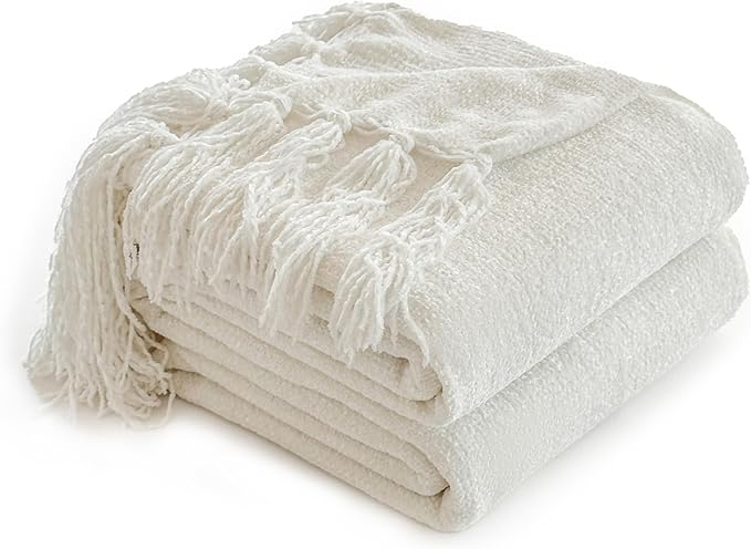 Simple&Opulence Soft Chenille Throw Blanket 50'' x 60'' - Cozy Fluffy Blanket with Fringe Tassel, Farmhouse Boho Blankets for Couch Bed Office Chair Gift Home Decor All Season Use, Cream