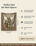 Weird Medieval Cat Woven Tapestry, Vintage Cat Themed Woven Sofa Blanket, Wall Hanging Art Handicrafts, Soft and Cozy Multipurpose Blanket, with Fringe Tassels, Home Decor for Cat Lovers