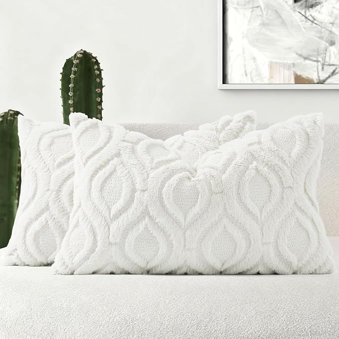 decorUhome Cozy Textured Throw Pillow Covers 12x20 Inch Set of 2, Soft Plush Faux Wool Cream White Accent Couch Pillow Covers for Modern Farmhouse Sofa Bed Living Room