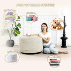 Round Stuffed Pouf Ottoman,Corduroy Foot Rest with Rebound Foam Filled, Furry and Fluffy Foot Stool Ottoman, Floor Poufs for Living Room (Beige, 20" D x 20" W x 15" H)