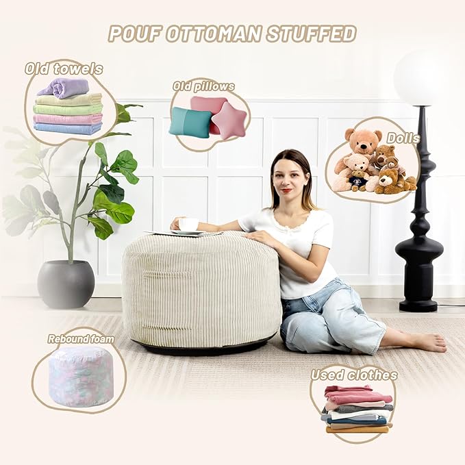 Round Stuffed Pouf Ottoman,Corduroy Foot Rest with Rebound Foam Filled, Furry and Fluffy Foot Stool Ottoman, Floor Poufs for Living Room (Beige, 20" D x 20" W x 15" H)