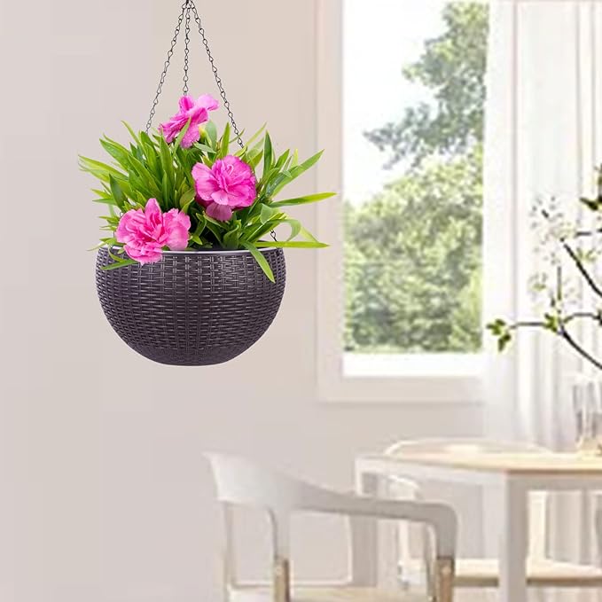Vencer 11 Inch Round Resin Rattan Hanging Planters,Self Watering Hanging Basket for Indoor Outdoor Plants,Hanging Flower Pots with Drain Hole and Metal Chain,Water Indicator,Coffee,VF-A15-C