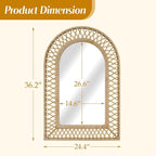Arched Rattan Wall Mirror – 24x36 Inch Boho Elegance with Woven Frame, Decorative Mirror for Bathroom Vanity Entryway Living Room