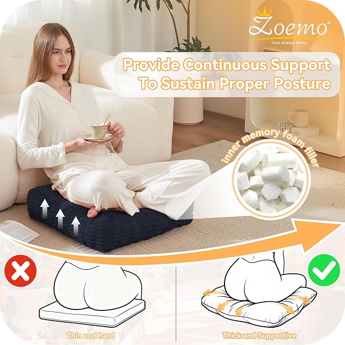 Floor Pillow Cushion for Adults, Meditation Cushion Pillow, Large Square Floor Sitting, for Tatami Living Room or Yoga, 22x22 Inch