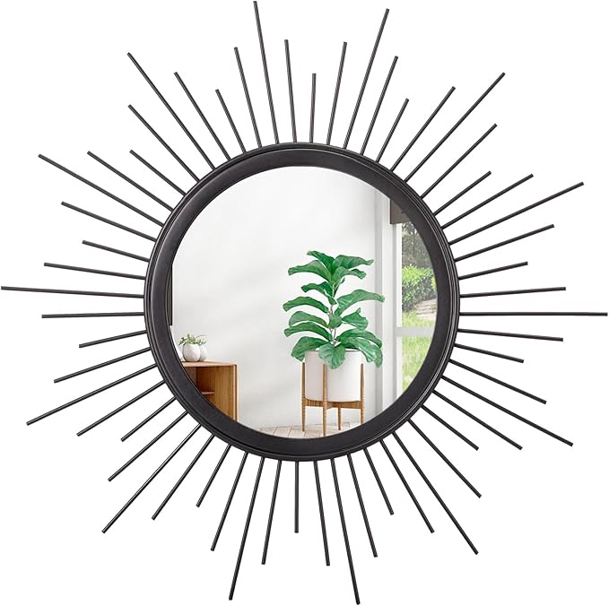 Sunburst Wall mirror Black Small Spoked Wall Decor Mirror Bohemian Home Round Modern Metal Wall Art Mirror for Living room Hallway Bedroom Bathroom Balcony Farmhouse Entrance 12"