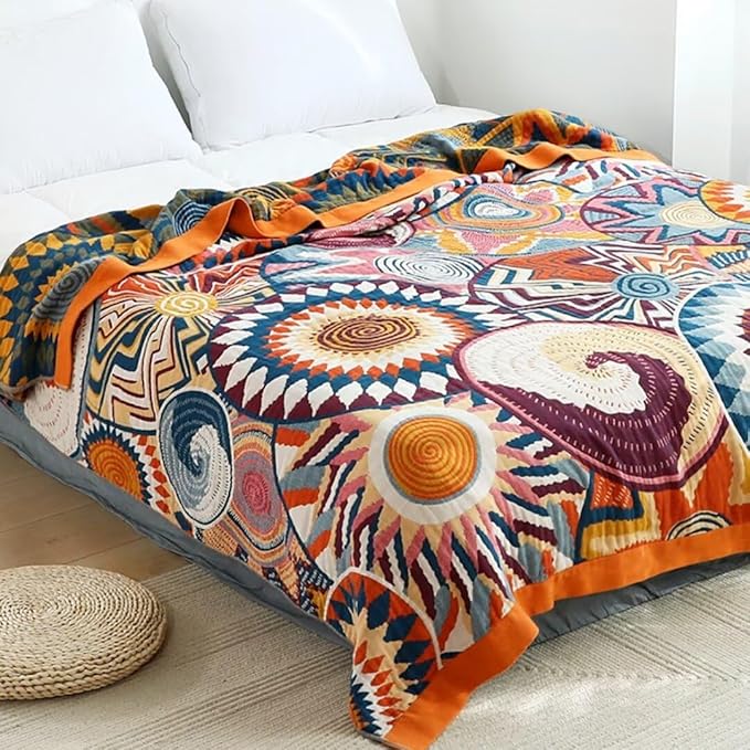 Boho Blanket for Bed 100% Cotton Bohemian Throw Blankets Ultra Soft Woven Muslin Decorative Blankets All Seasons Vintage Quilt Knitted Blanket for Sofa Chair (Colorful, 90"x98")