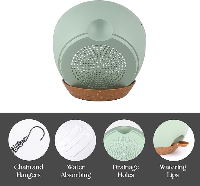 Hanging Plant Pots 12 inch Set of 2, Self Watering Hanging Planters with Drainage Holes, Indoor Outdoor Plastic Flower Pots with Hanging Chains for Balcony, Porch, Garden, Home Décor, Green