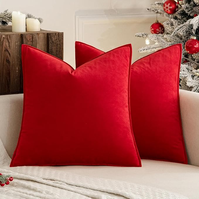 MIULEE Bright Red Velvet Throw Pillow Covers 18x18 Soft Decorative Solid Square Cushion Cases Pack of 2 Modern Luxury Home Decor for Couch, Sofa, Bedroom