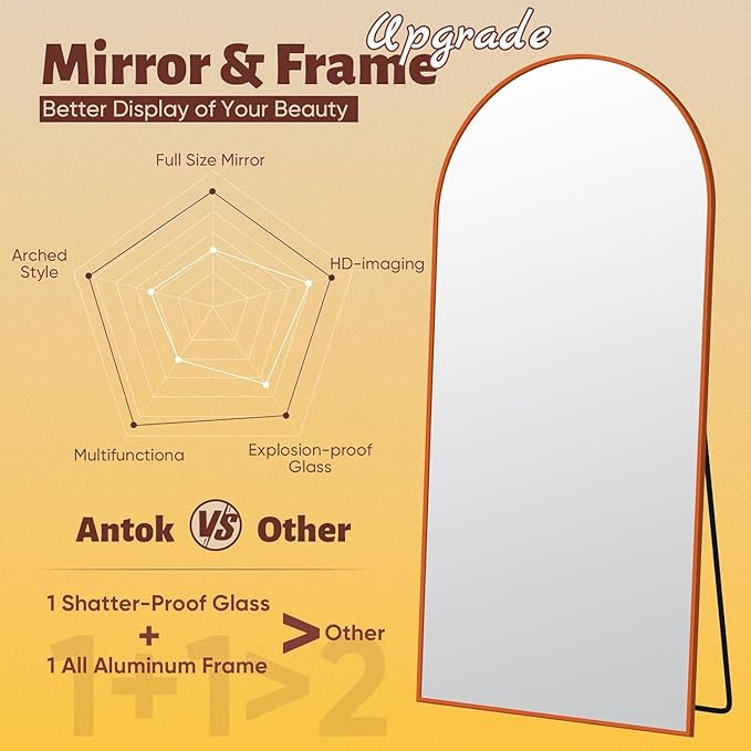 Antok 58" x18” Arched Full Length Floor Mirror, Orange Aluminum Frame, Free Standing/Wall Mount/Leaning for Bedroom, Living Room, Dressing Room