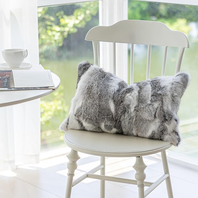 MOOX Rabbit Fur Throw Pillow Covers Decorative Fluffy Soft Fuzzy Plush Luxury Genuine Animal Skin Lumbar Pillow 12"x20" Cushion Cover, Couch-Grey White