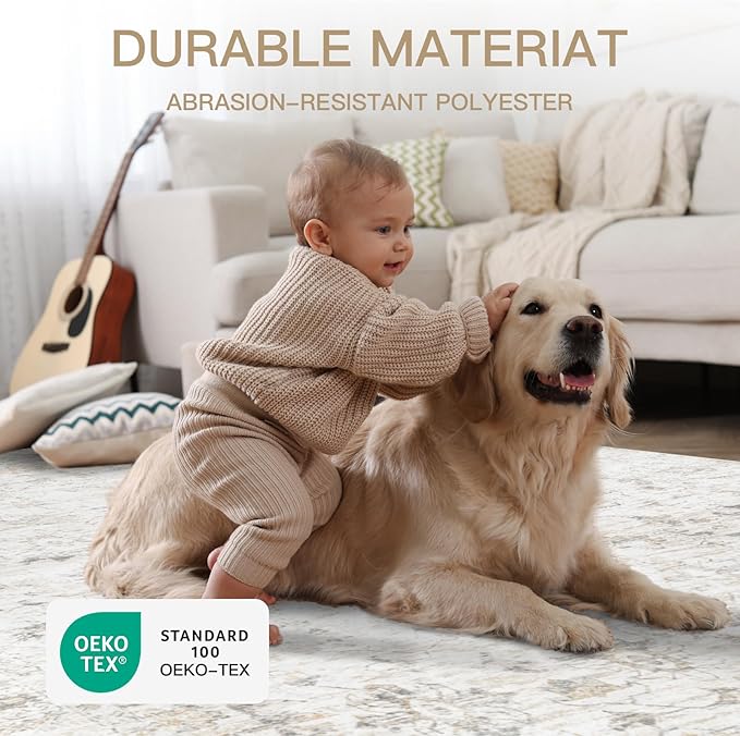 Washable 8×10 Area Rug for Living Room, Vintage Floral Rug Soft Non Slip Stain Resistant Boho Carpet for Bedroom Dinning Room Home Office Beige New