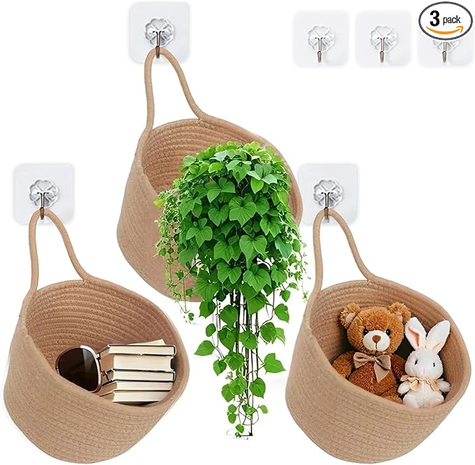 ShellKingdom Hanging Baskets, 3Pack Woven Wall Mounted Storage Basket with 3 Pcs Hooks, Boho Pouchs Bag Organizers for Home Office Living Room Bathroom Door Wall Decoration Caddy Bins (Jute)