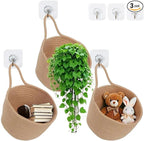 ShellKingdom Hanging Baskets, 3Pack Woven Wall Mounted Storage Basket with 3 Pcs Hooks, Boho Pouchs Bag Organizers for Home Office Living Room Bathroom Door Wall Decoration Caddy Bins (Jute)