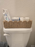CubesLand Paper Rope Scalloped Edge Toilet Paper Storage Basket, Small Living Room, Bedroom Decor Baskets for Over Toilet Storage Shelf, End Table, Shelves and More, with 2 Wooden Handle, Neutral