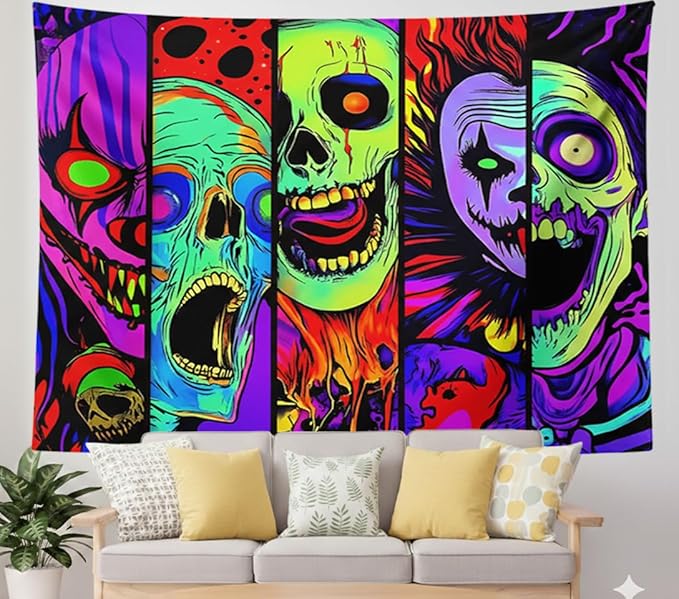 Atrippy Blacklight Halloween Horror Wall Decor Tapestry for Bedroom, UV Reactive Skull Skeleton Tapestries, Black Light Gothic Face Neon Aesthetic Wall Hanging for Dorm Living Room 60x79 Inches